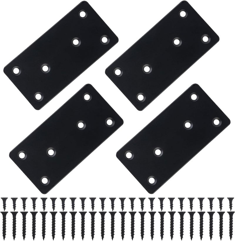 KIMIWISE 4 Pcs Flat Mending Plate, 1.9''x3.9'' Black Stainless Steel Metal Flat Straight Brace Bracket, Fixing Brace Joining Plates for Furniture, Wood, Shelves, Cabinet with 2 Different Lengths of Screws - Image 1